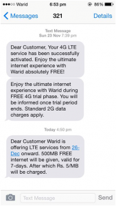 Warid 4G LTE Message to Warid Customers